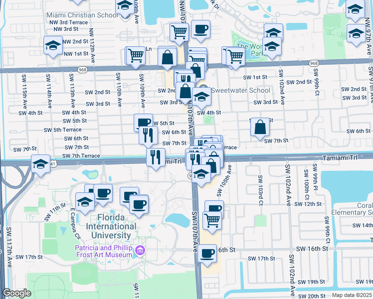 map of restaurants, bars, coffee shops, grocery stores, and more near 10704 Southwest 7th Street in Miami