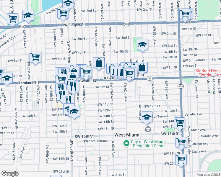 map of restaurants, bars, coffee shops, grocery stores, and more near 900 Southwest 63rd Avenue in West Miami