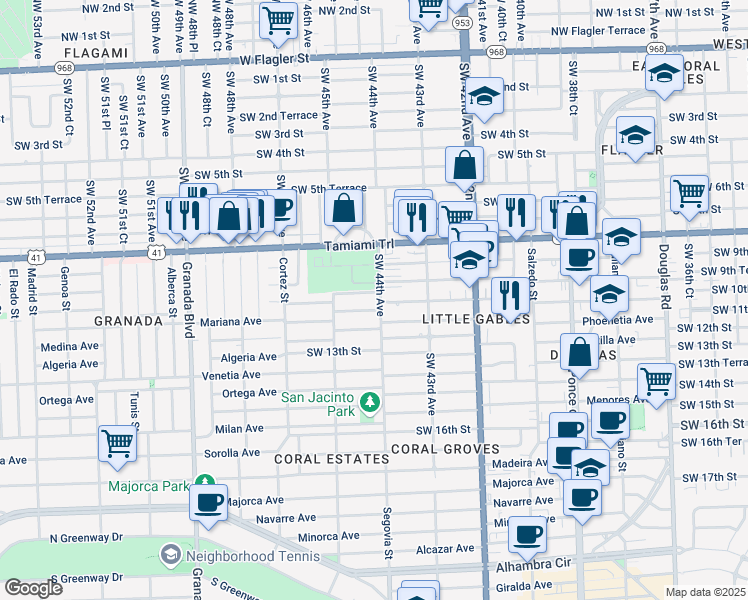map of restaurants, bars, coffee shops, grocery stores, and more near 4440 Southwest 9th Lane in Miami