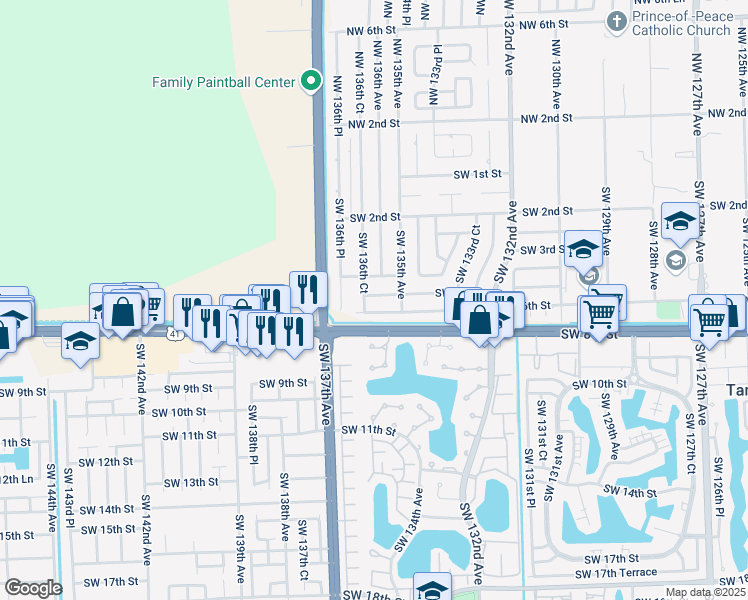 map of restaurants, bars, coffee shops, grocery stores, and more near 13613 Southwest 5th Street in Miami