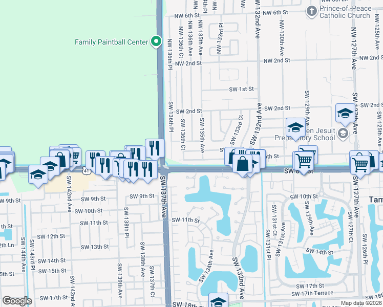 map of restaurants, bars, coffee shops, grocery stores, and more near 13613 Southwest 5th Street in Miami