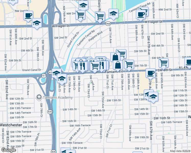 map of restaurants, bars, coffee shops, grocery stores, and more near in West Miami