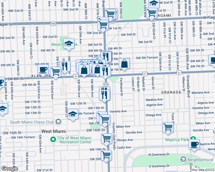 map of restaurants, bars, coffee shops, grocery stores, and more near 915 South Red Road in Miami