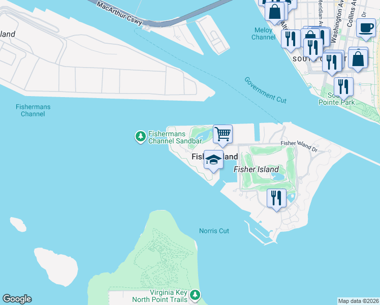 map of restaurants, bars, coffee shops, grocery stores, and more near 13735 Fisher Island Drive in Miami Beach
