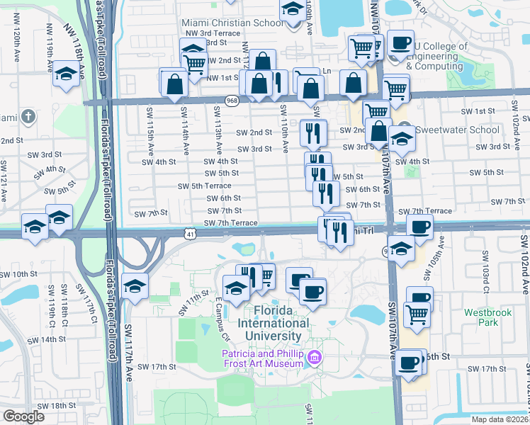 map of restaurants, bars, coffee shops, grocery stores, and more near 11132 Southwest 7th Street in Miami