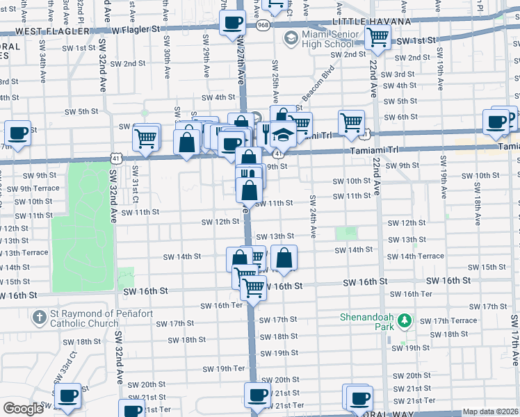 map of restaurants, bars, coffee shops, grocery stores, and more near 2661 Southwest 11th Street in Miami