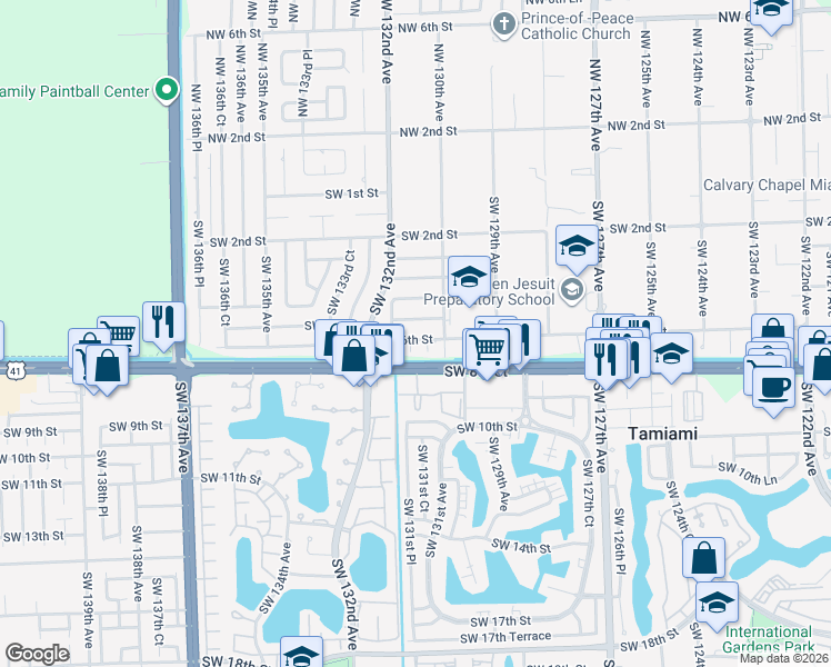 map of restaurants, bars, coffee shops, grocery stores, and more near 13042 Southwest 5th Street in Miami