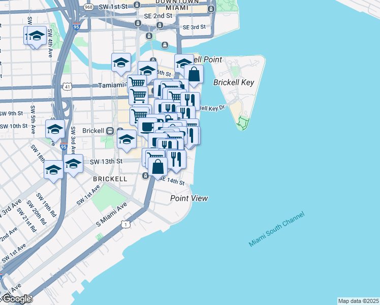 map of restaurants, bars, coffee shops, grocery stores, and more near 1155 Brickell Bay Drive in Miami