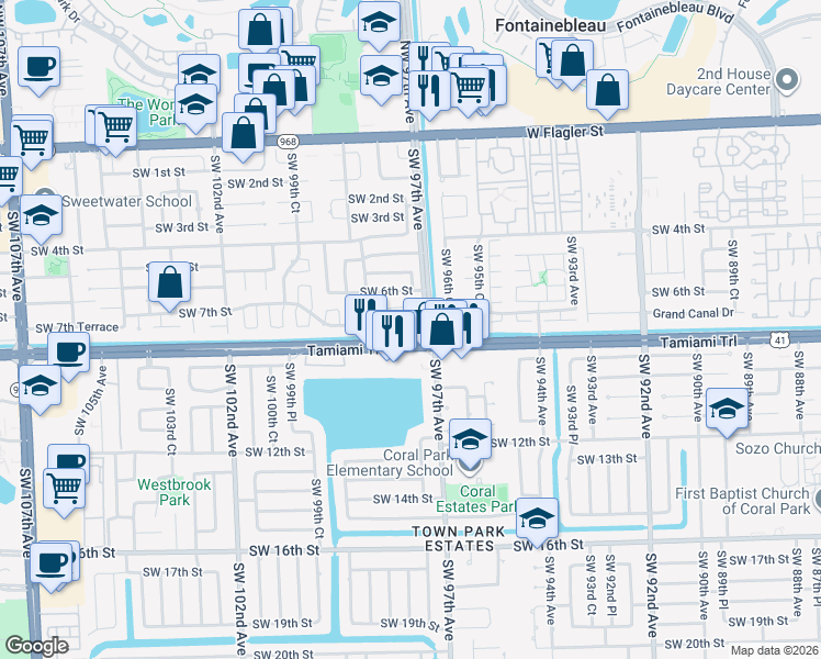 map of restaurants, bars, coffee shops, grocery stores, and more near 775 Southwest 97th Place Circle in Miami