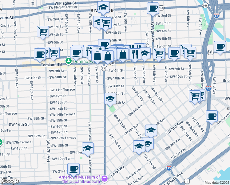 map of restaurants, bars, coffee shops, grocery stores, and more near 1115 Southwest 11th Avenue in Miami