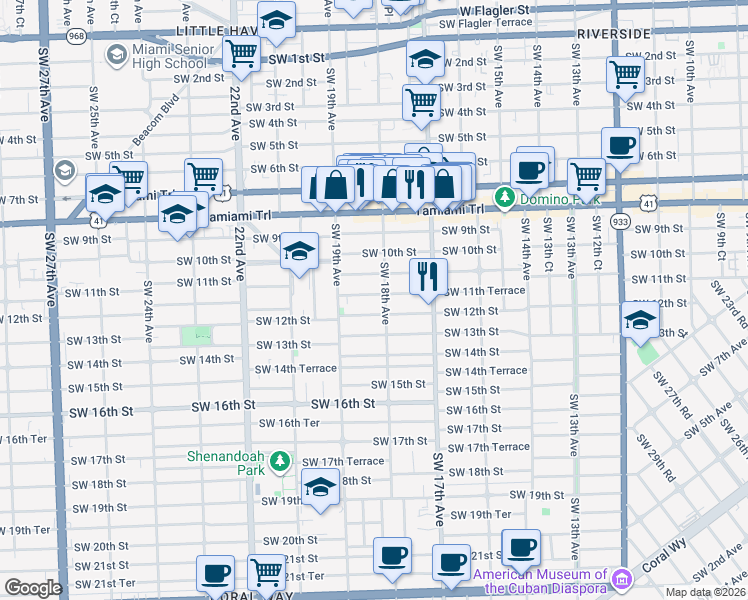 map of restaurants, bars, coffee shops, grocery stores, and more near in Miami