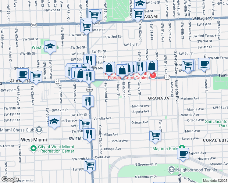 map of restaurants, bars, coffee shops, grocery stores, and more near 1417 Santa Cruz Avenue in Coral Gables