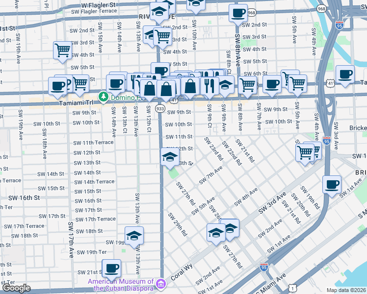 map of restaurants, bars, coffee shops, grocery stores, and more near 1115 Southwest 11th Avenue in Miami