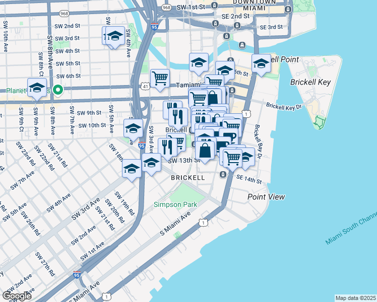 map of restaurants, bars, coffee shops, grocery stores, and more near 130 Southwest 12th Street in Miami
