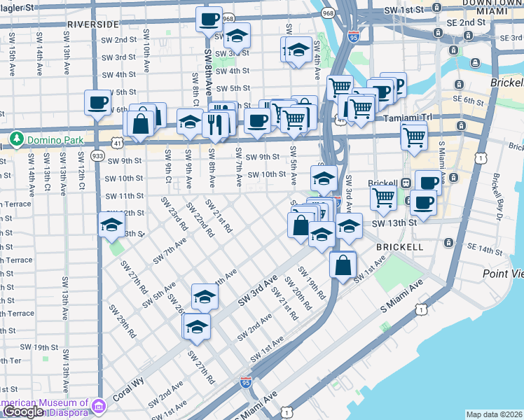 map of restaurants, bars, coffee shops, grocery stores, and more near 600 Southwest 19th Road in Miami