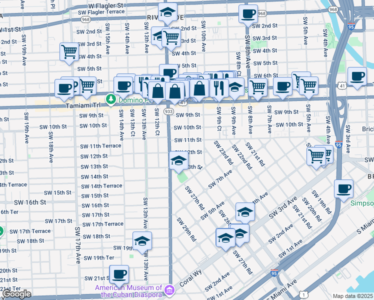map of restaurants, bars, coffee shops, grocery stores, and more near 1115 Southwest 11th Avenue in Miami