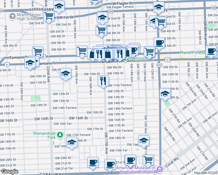 map of restaurants, bars, coffee shops, grocery stores, and more near 1649 Southwest 11th Terrace in Miami