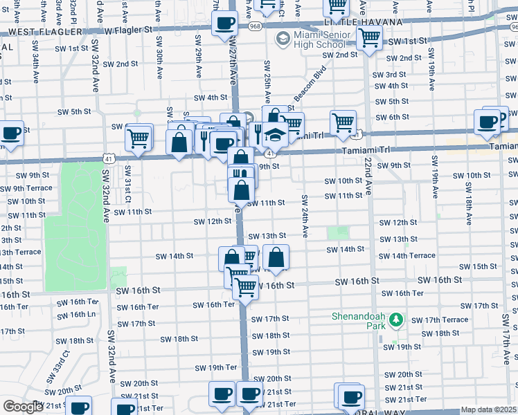 map of restaurants, bars, coffee shops, grocery stores, and more near 2661 Southwest 11th Street in Miami