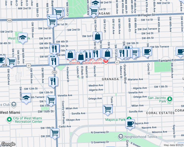 map of restaurants, bars, coffee shops, grocery stores, and more near 1255 Aguila Avenue in Coral Gables