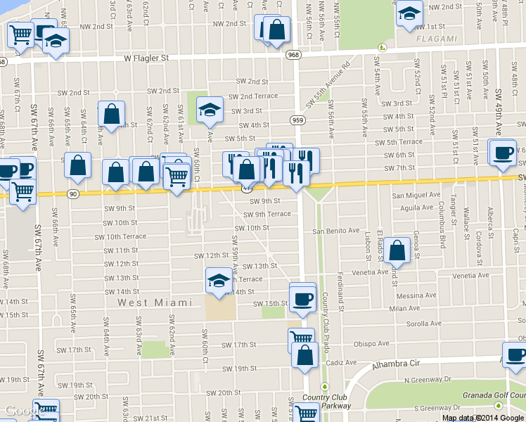 map of restaurants, bars, coffee shops, grocery stores, and more near 5824 Southwest 9th Street in West Miami