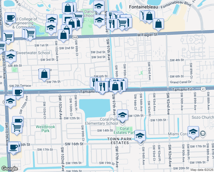 map of restaurants, bars, coffee shops, grocery stores, and more near 775 Southwest 97th Place Circle in Miami