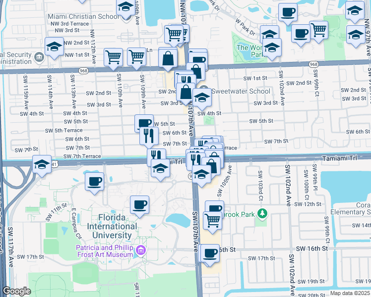map of restaurants, bars, coffee shops, grocery stores, and more near 10704 Southwest 7th Street in Miami