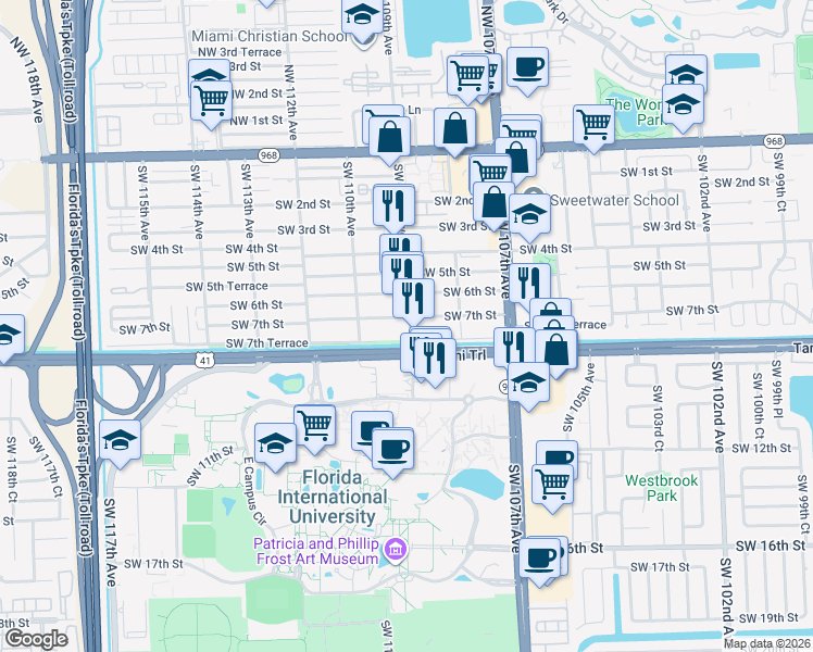 map of restaurants, bars, coffee shops, grocery stores, and more near 10950 Southwest 7th Street in Miami