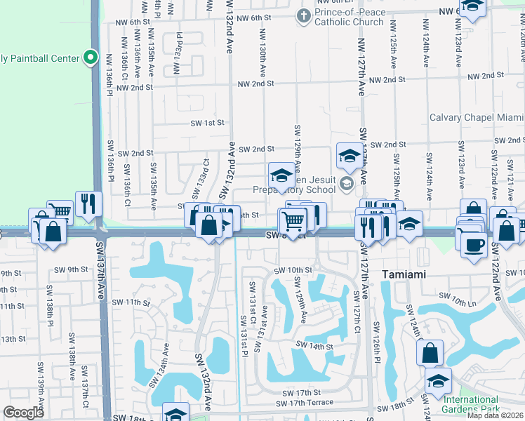 map of restaurants, bars, coffee shops, grocery stores, and more near 13042 Southwest 5th Street in Miami