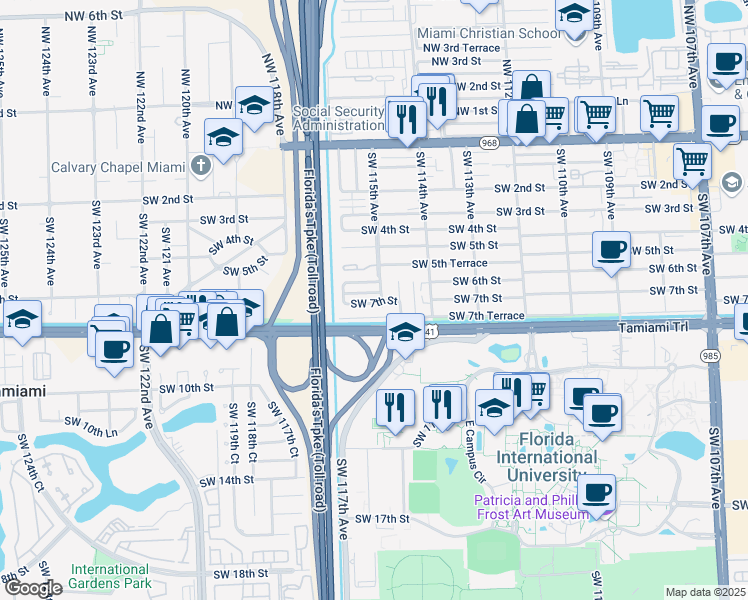 map of restaurants, bars, coffee shops, grocery stores, and more near 11545 Southwest 6th Terrace in Miami