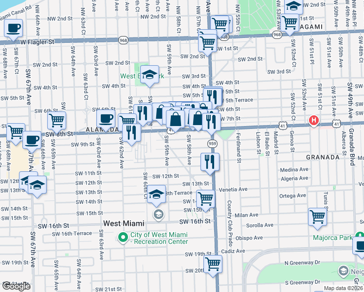 map of restaurants, bars, coffee shops, grocery stores, and more near 5824 Southwest 9th Street in West Miami