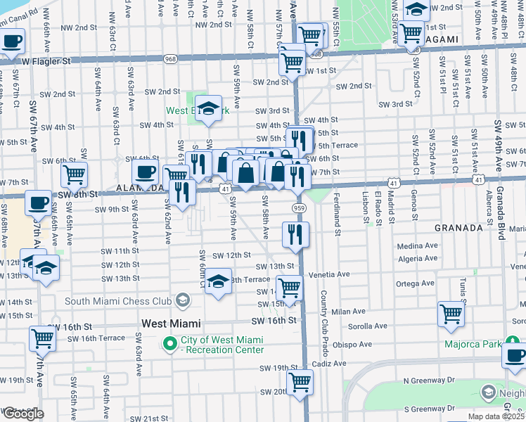 map of restaurants, bars, coffee shops, grocery stores, and more near 5801 Southwest 9th Terrace in West Miami