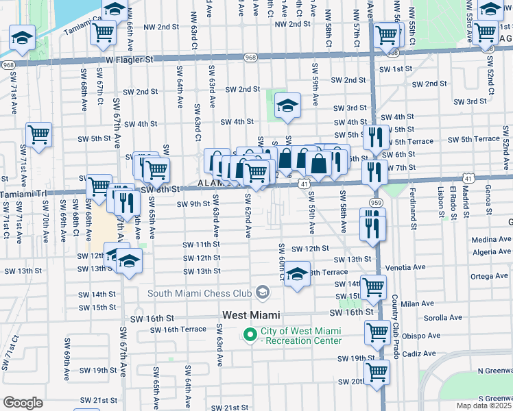 map of restaurants, bars, coffee shops, grocery stores, and more near 901 Southwest 62nd Avenue in West Miami