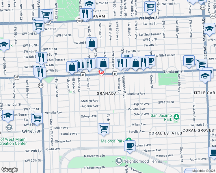 map of restaurants, bars, coffee shops, grocery stores, and more near 840 Tangier Street in Coral Gables
