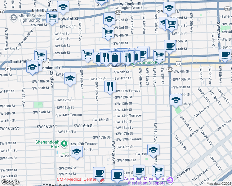map of restaurants, bars, coffee shops, grocery stores, and more near 1649 Southwest 11th Terrace in Miami