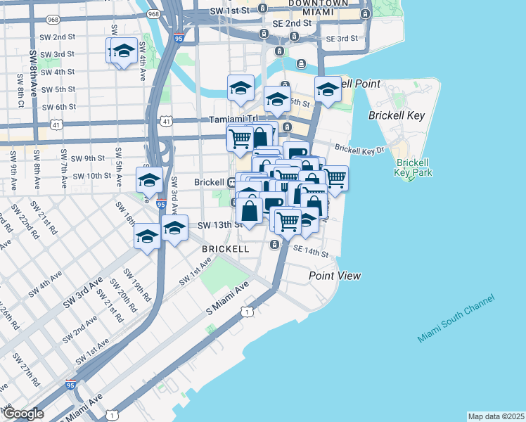 map of restaurants, bars, coffee shops, grocery stores, and more near 1200 Brickell Avenue in Miami