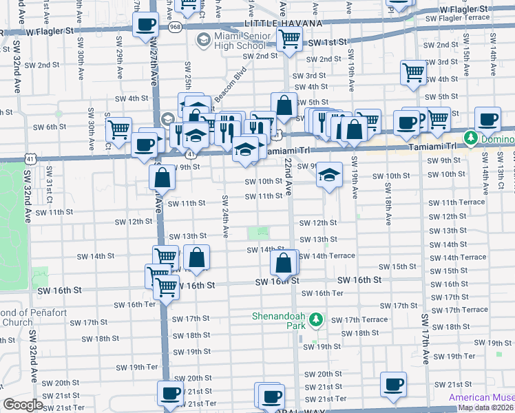 map of restaurants, bars, coffee shops, grocery stores, and more near 1143 Southwest 23rd Avenue in Miami
