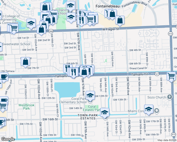map of restaurants, bars, coffee shops, grocery stores, and more near 716 Southwest 96th Court in Miami