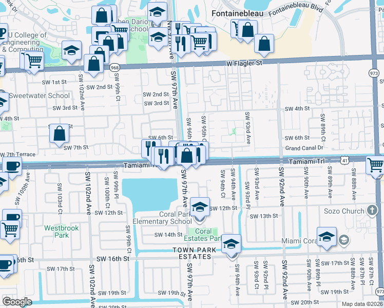 map of restaurants, bars, coffee shops, grocery stores, and more near 716 Southwest 96th Court in Miami