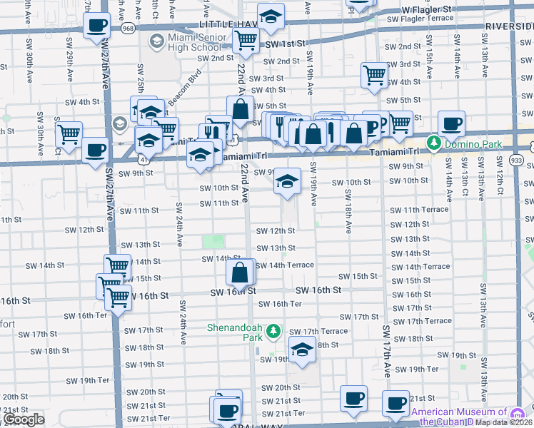 map of restaurants, bars, coffee shops, grocery stores, and more near 2110 Southwest 11th Street in Miami