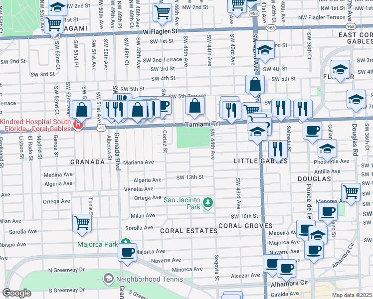 map of restaurants, bars, coffee shops, grocery stores, and more near 4501 Southwest 10th Street in Miami
