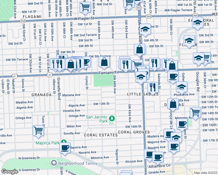map of restaurants, bars, coffee shops, grocery stores, and more near 4440 Southwest 9th Lane in Miami