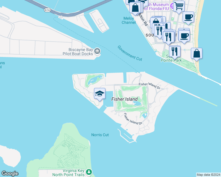 map of restaurants, bars, coffee shops, grocery stores, and more near 40120 Fisher Island Drive in Miami
