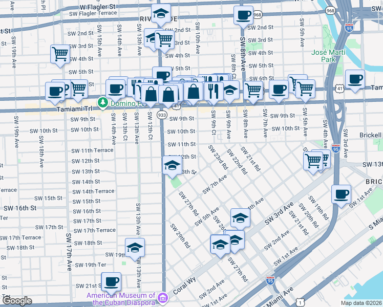 map of restaurants, bars, coffee shops, grocery stores, and more near 1115 Southwest 11th Avenue in Miami
