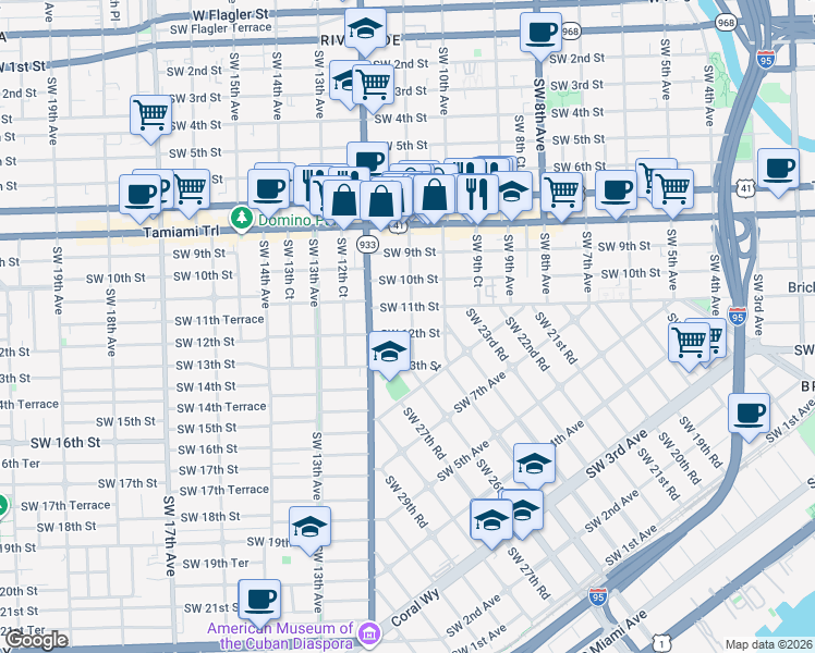 map of restaurants, bars, coffee shops, grocery stores, and more near 1115 Southwest 11th Avenue in Miami