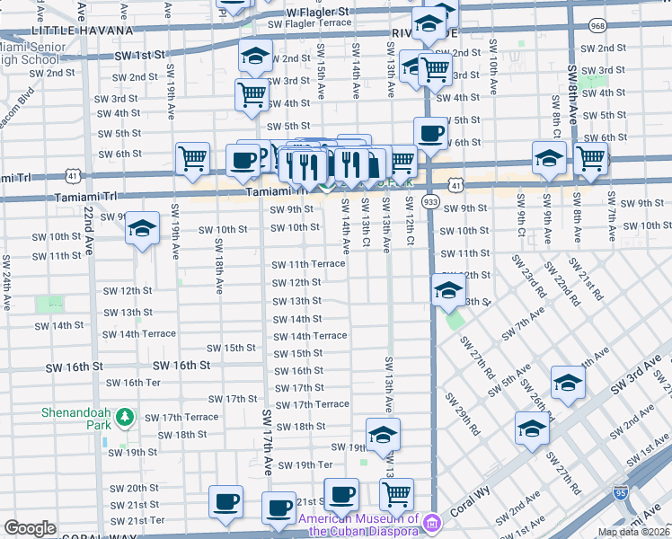 map of restaurants, bars, coffee shops, grocery stores, and more near 1400 Southwest 11th Terrace in Miami