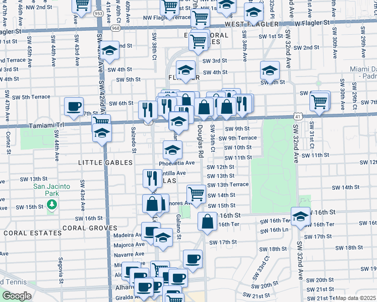 map of restaurants, bars, coffee shops, grocery stores, and more near 21 Santillane Avenue in Coral Gables