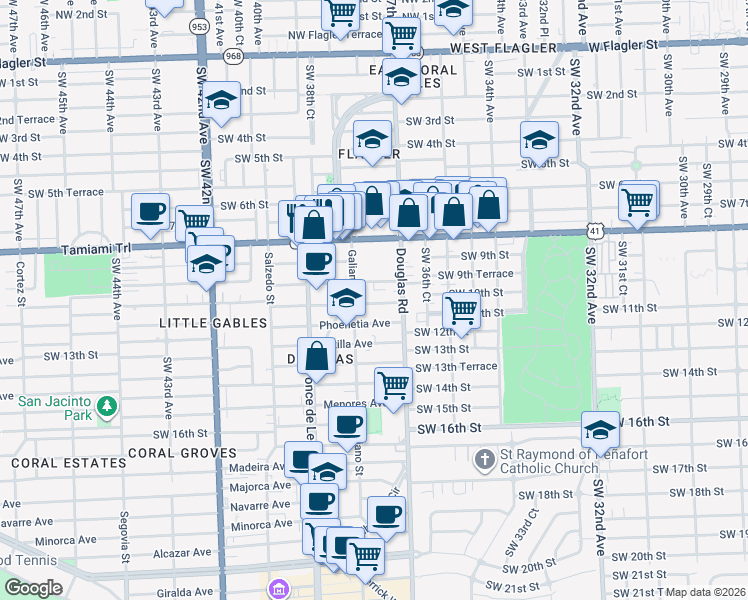 map of restaurants, bars, coffee shops, grocery stores, and more near 21 Santillane Avenue in Coral Gables