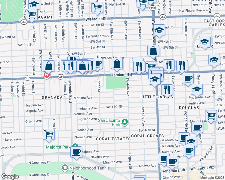 map of restaurants, bars, coffee shops, grocery stores, and more near 4501 Southwest 10th Street in Miami