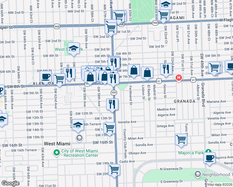 map of restaurants, bars, coffee shops, grocery stores, and more near 907 Southwest 57th Avenue in West Miami