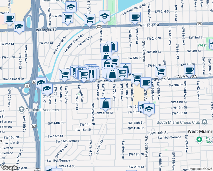 map of restaurants, bars, coffee shops, grocery stores, and more near 841 Southwest 71st Avenue in Miami